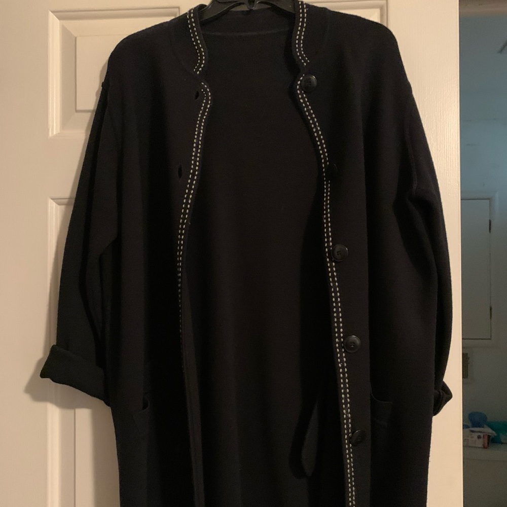 Eileen Fisher black jacket with white trim